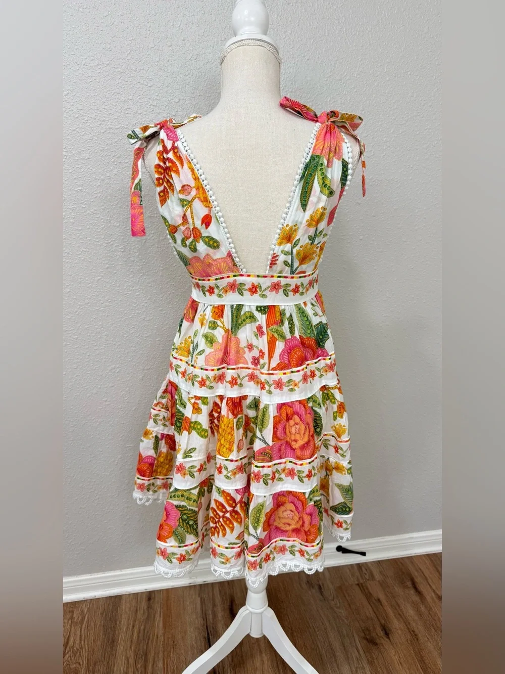 FARM Rio Macaw Bloom Tie Shoulder Tiered Floral Mini Dress Size S